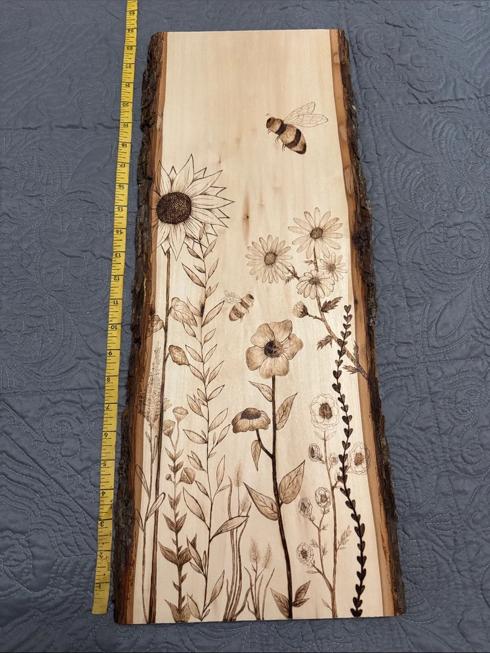 Handcrafted Floral Bee Wood Wall Art - Natural